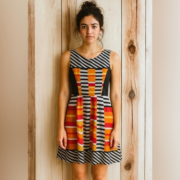 NY Collection Size Medium Orange/Black Patterned Flared Summer Sleeveles Dress - Picture 3 of 3